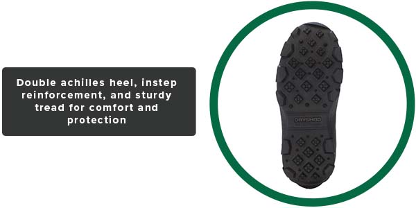 Double Achilles heel, instep reinforcement, and sturdy tread for comfort and protection
