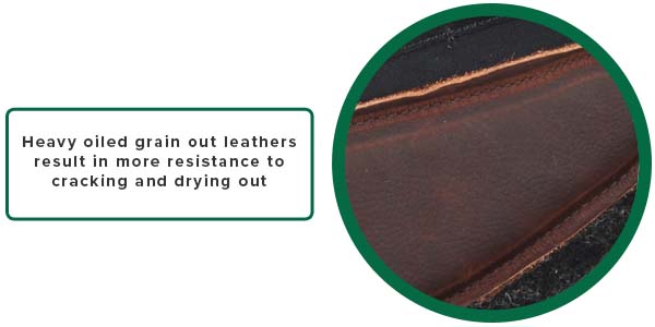 Heavy oiled grain out leathers result in more resistance to cracking and drying out