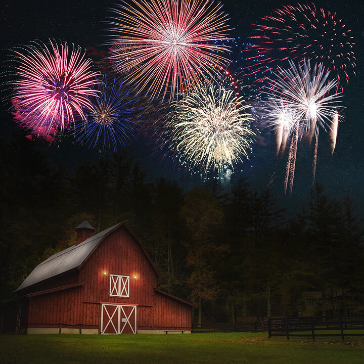Fireworks over a barn