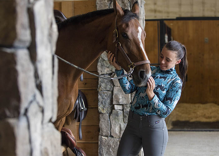 Woman interacting with a horse on cross ties in a clean barn