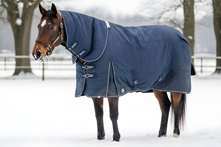 Horse wearing a blanket in the snow